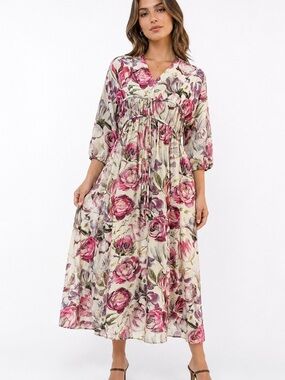 ETHNC Floral Midi‎ Dress Cottagecore Boho Tie Front Balloon Sleeve XS NWT